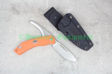 EKA SwedBlade G6 Orange Jagdmesser mit ausgefahrener Drop-Point-Klinge und Kydex-Scheide.