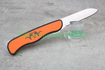 Preview: Blaser Klappmesser Orange zusammengeklappt neben der mitgelieferten schwarzen Nylon-Gürteltasche.