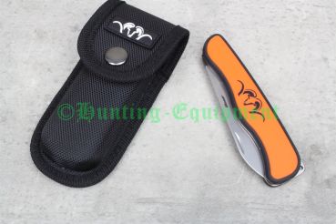 Preview: Ergonomischer, orangefarbener Kunststoffgriff des Blaser Klappmessers mit Nagelrille an der Klinge.