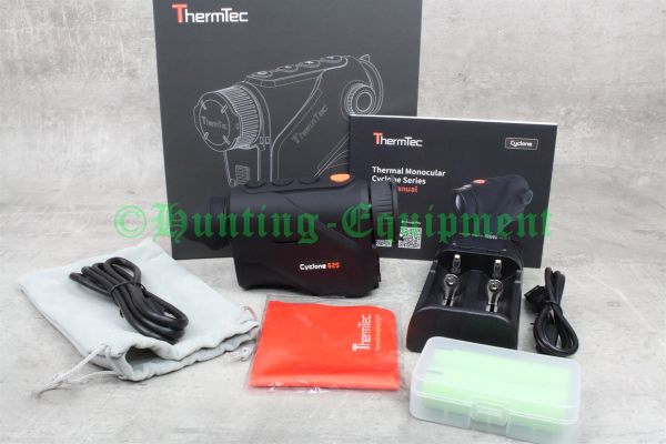 Lieferumfang ThermTec Cyclone 625 mit zwei 18650 Akkus, Ladegerät, Kabel und Tasche
