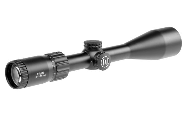 Nahaufnahme der abgedeckten Verstelltürme des Element Optics IRIS 4-12x44 auf dem 1-Zoll-Mittelrohr.