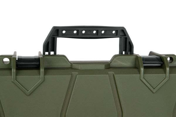 Geöffneter GSG Gewehrkoffer OD Green mit anpassbarem Pick-n-Plug Würfelschaumstoff. Hunting Equipment