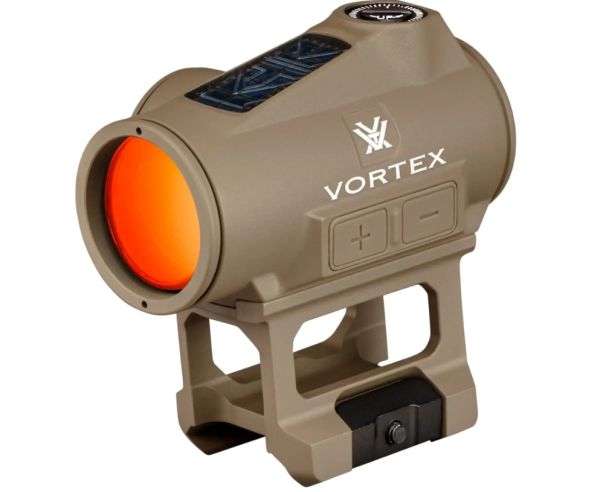 Vortex Crossfire II Red Dot 2 MOA Solar TAN FDE mit hoher Montage in der Seitenansicht.