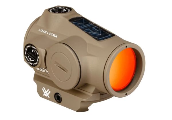 Blick durch das parallaxefreie Vortex Crossfire II Solar TAN mit klarem 2 MOA Rotpunkt.