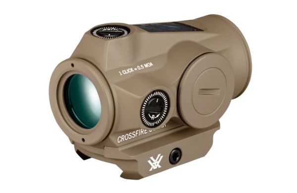 Seitliches Helligkeits-Einstellrad und Batteriefach des Vortex Crossfire II Red Dots.