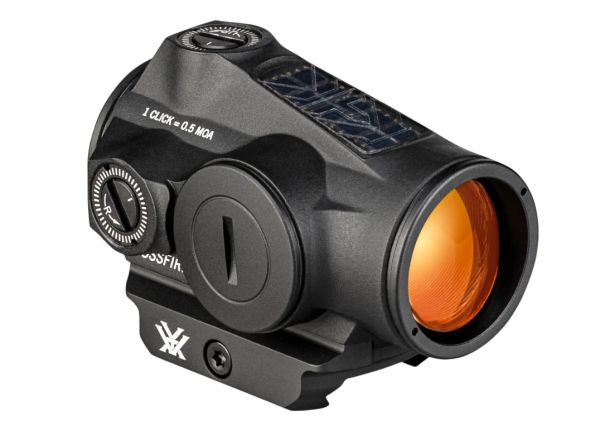 Seitliches Helligkeits-Einstellrad und Batteriefach des Vortex Crossfire II Red Dots.