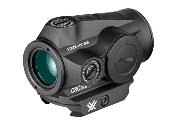 Seitliches Helligkeits-Einstellrad und Batteriefach des Vortex Crossfire II Red Dots.